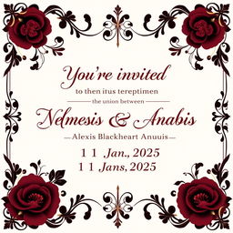A sophisticated wedding invitation design featuring the text: 'You’re invited to the union between Nemesis Blackheart Anubis & Alexis Blackheart Anubis on the 1st Jan 2025