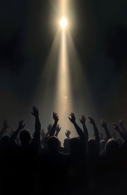 A stunning digital painting depicting a group of shadowy figures raising their arms and voices towards a radiant beam of light, symbolizing a path to the divine
