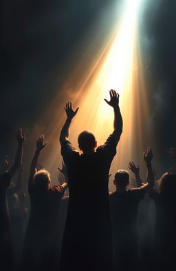 A stunning digital painting depicting a group of shadowy figures raising their arms and voices towards a radiant beam of light, symbolizing a path to the divine
