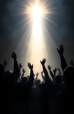 A stunning digital painting depicting a group of shadowy figures raising their arms and voices towards a radiant beam of light, symbolizing a path to the divine