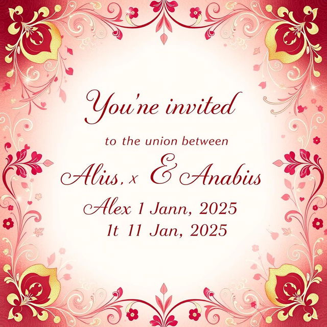 A beautifully designed wedding background featuring the text: 'You’re invited to the union between Nemesis Blackheart Anubis & Alexis Blackheart Anubis on the 1st Jan 2025