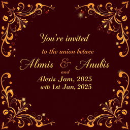 A beautifully designed wedding background featuring the text: 'You’re invited to the union between Nemesis Blackheart Anubis & Alexis Blackheart Anubis on the 1st Jan 2025