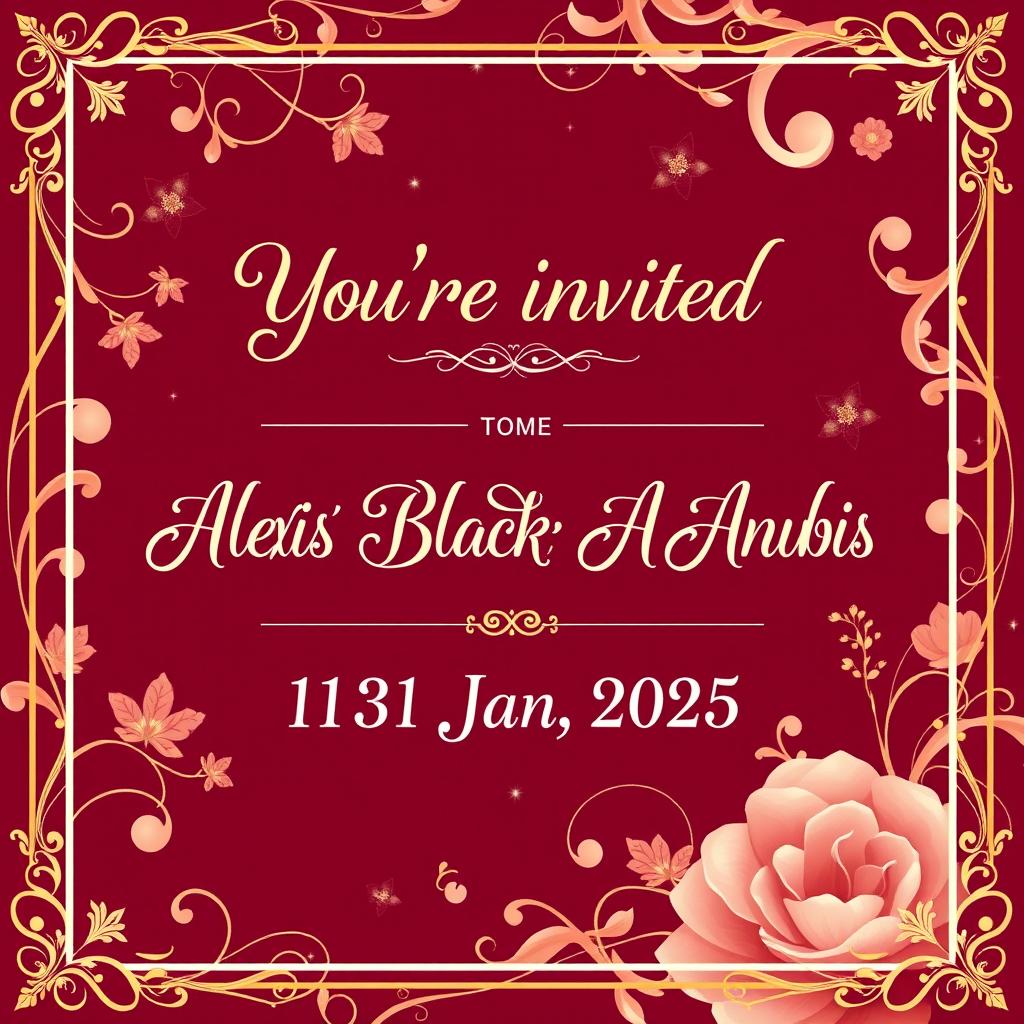 A beautifully designed wedding background featuring the text: 'You’re invited to the union between Nemesis Blackheart Anubis & Alexis Blackheart Anubis on the 1st Jan 2025