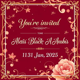 A beautifully designed wedding background featuring the text: 'You’re invited to the union between Nemesis Blackheart Anubis & Alexis Blackheart Anubis on the 1st Jan 2025