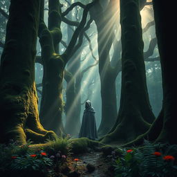 A mystical scene featuring a mysterious figure in a dense, enchanted forest