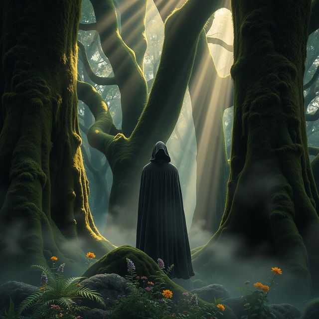 A mystical scene featuring a mysterious figure in a dense, enchanted forest