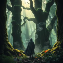 A mystical scene featuring a mysterious figure in a dense, enchanted forest