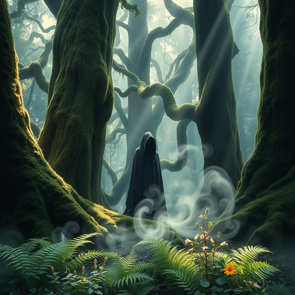 A mystical scene featuring a mysterious figure in a dense, enchanted forest