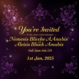 A stunning wedding background design featuring the invite text: 'You're invited to the union between Nemesis Blackheart Anubis & Alexis Blackheart Anubis on the 1st Jan 2025