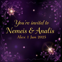 A stunning wedding background design featuring the invite text: 'You're invited to the union between Nemesis Blackheart Anubis & Alexis Blackheart Anubis on the 1st Jan 2025