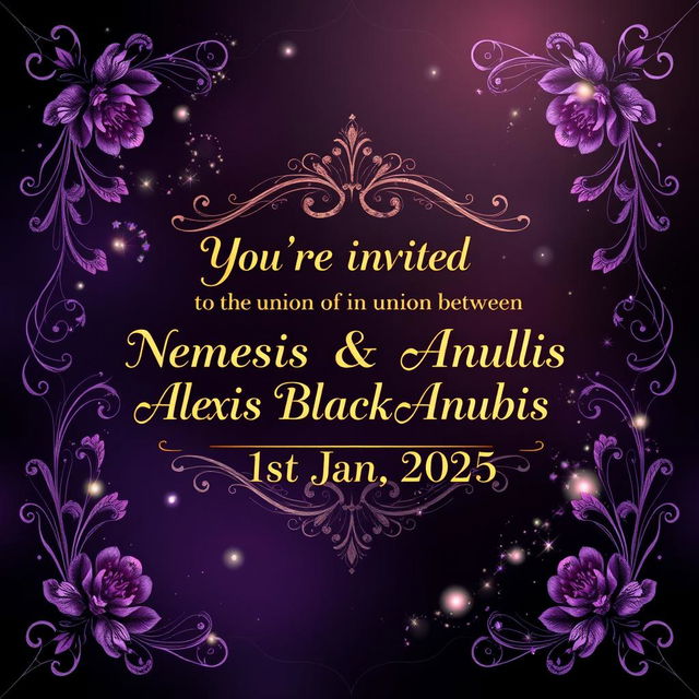 A stunning wedding background design featuring the invite text: 'You're invited to the union between Nemesis Blackheart Anubis & Alexis Blackheart Anubis on the 1st Jan 2025