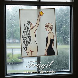 An embroidered picture resting on a window frame, showcasing a rainy scene outside