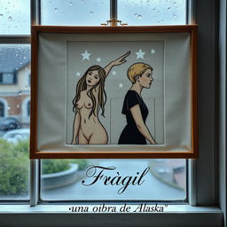 An embroidered picture resting on a window frame, showcasing a rainy scene outside