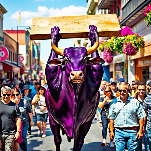 A purple bull energetically lifting a large board above its head in the midst of a bustling, colorful street filled with people