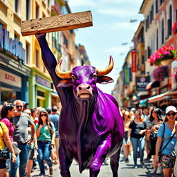 A purple bull energetically lifting a large board above its head in the midst of a bustling, colorful street filled with people