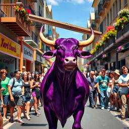 A purple bull energetically lifting a large board above its head in the midst of a bustling, colorful street filled with people