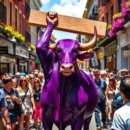 A purple bull energetically lifting a large board above its head in the midst of a bustling, colorful street filled with people