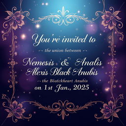 An elegant wedding invitation background featuring the text: 'You’re invited to the union between Nemesis Blackheart Anubis & Alexis Blackheart Anubis on the 1st Jan 2025