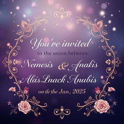 An elegant wedding invitation background featuring the text: 'You’re invited to the union between Nemesis Blackheart Anubis & Alexis Blackheart Anubis on the 1st Jan 2025