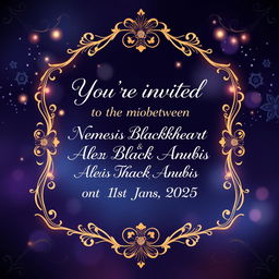 An elegant wedding invitation background featuring the text: 'You’re invited to the union between Nemesis Blackheart Anubis & Alexis Blackheart Anubis on the 1st Jan 2025