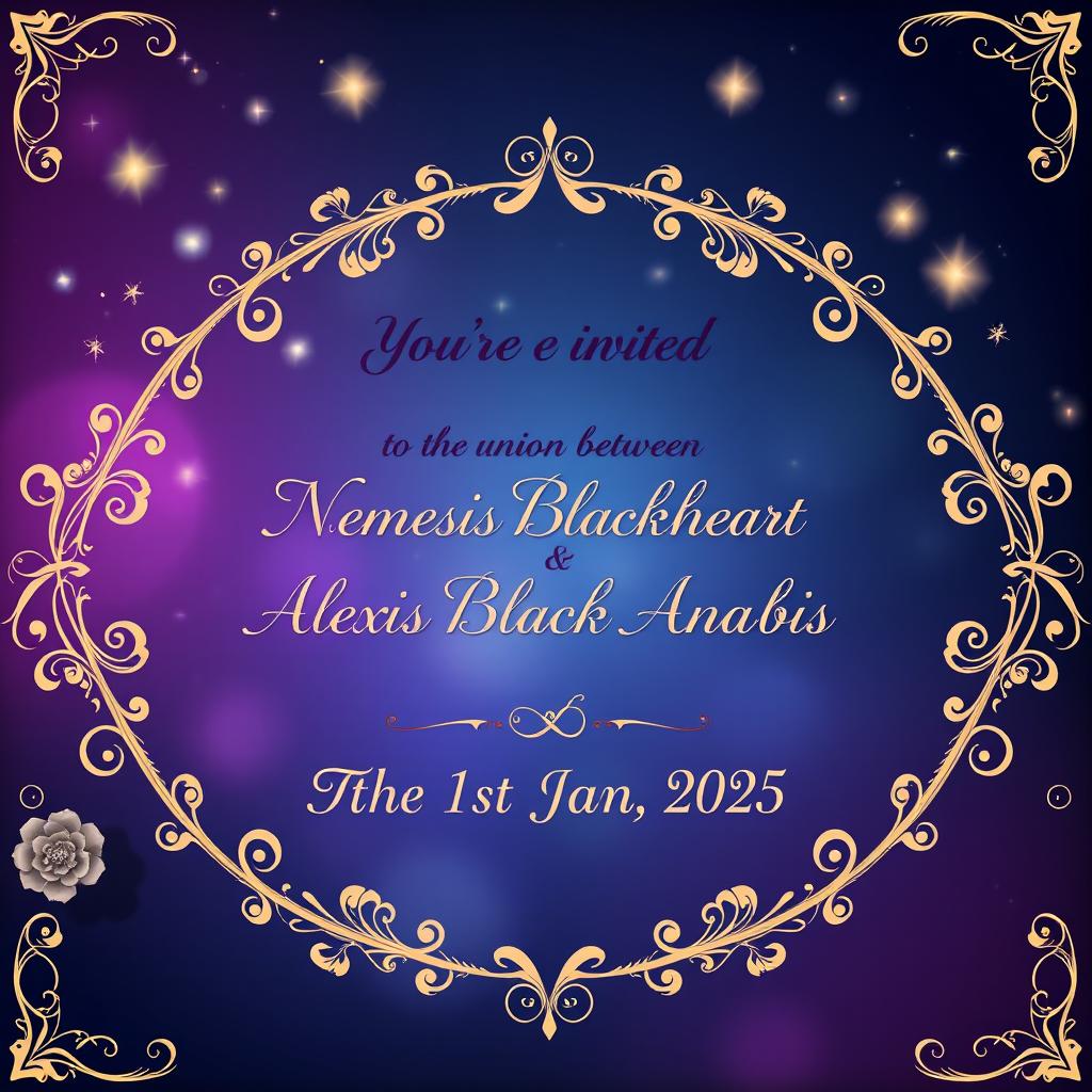 An elegant wedding invitation background featuring the text: 'You’re invited to the union between Nemesis Blackheart Anubis & Alexis Blackheart Anubis on the 1st Jan 2025