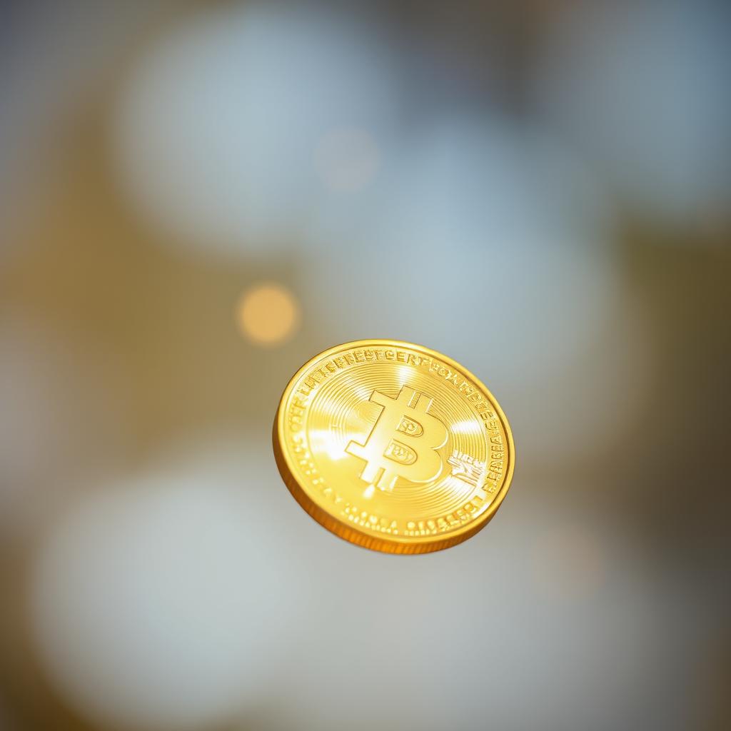 A close-up view of a shiny gold coin falling through the air, captured mid-fall with a blurred background to emphasize motion