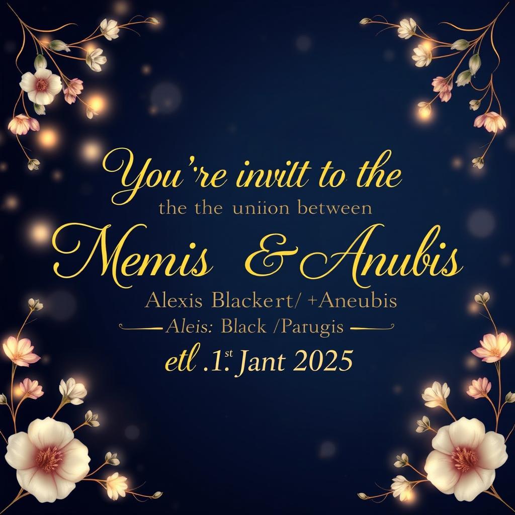 An exquisite wedding invitation background showcasing the text: 'You're invited to the union between Nemesis Blackheart Anubis & Alexis Blackheart Anubis on the 1st Jan 2025