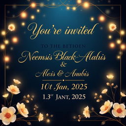 An exquisite wedding invitation background showcasing the text: 'You're invited to the union between Nemesis Blackheart Anubis & Alexis Blackheart Anubis on the 1st Jan 2025