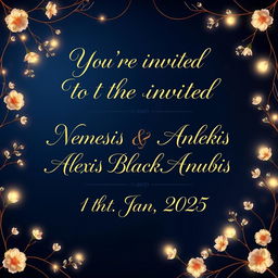 An exquisite wedding invitation background showcasing the text: 'You're invited to the union between Nemesis Blackheart Anubis & Alexis Blackheart Anubis on the 1st Jan 2025