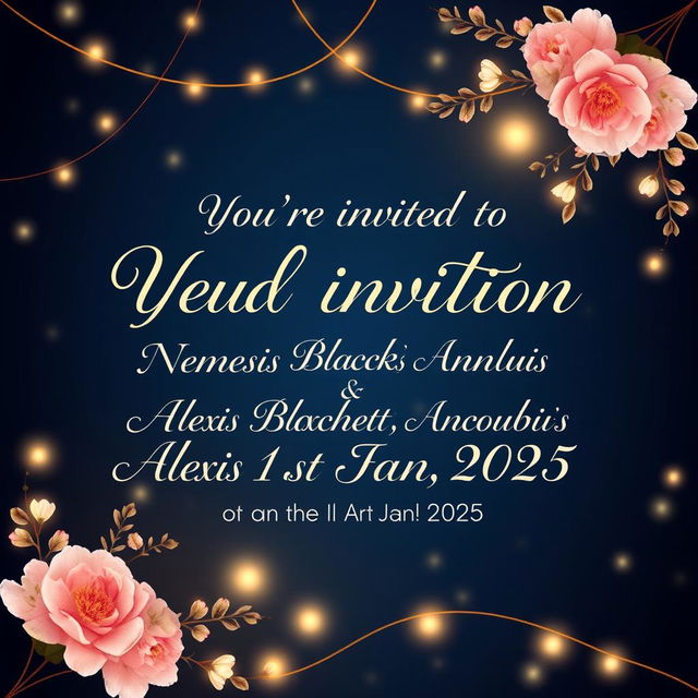 An exquisite wedding invitation background showcasing the text: 'You're invited to the union between Nemesis Blackheart Anubis & Alexis Blackheart Anubis on the 1st Jan 2025