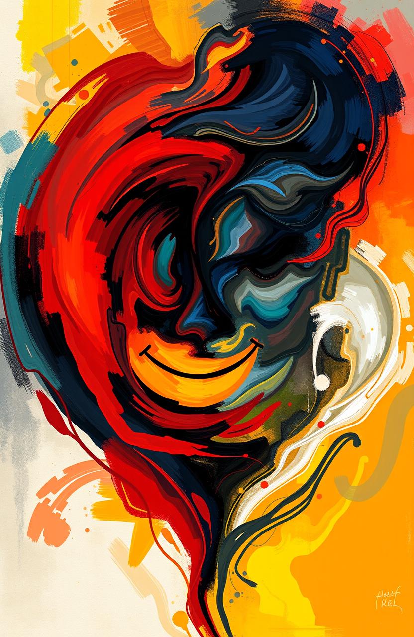 A vibrant digital painting illustrating abstract expressions of love, depression, smile, and sadness, depicting different phases of life