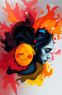 A vibrant digital painting illustrating abstract expressions of love, depression, smile, and sadness, depicting different phases of life