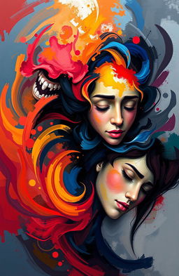 A vibrant digital painting illustrating abstract expressions of love, depression, smile, and sadness, depicting different phases of life