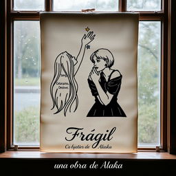 An embroidered picture resting on a wooden window frame, showcasing a rainy scene outside