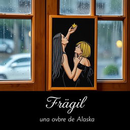 An embroidered picture resting on a wooden window frame, showcasing a rainy scene outside