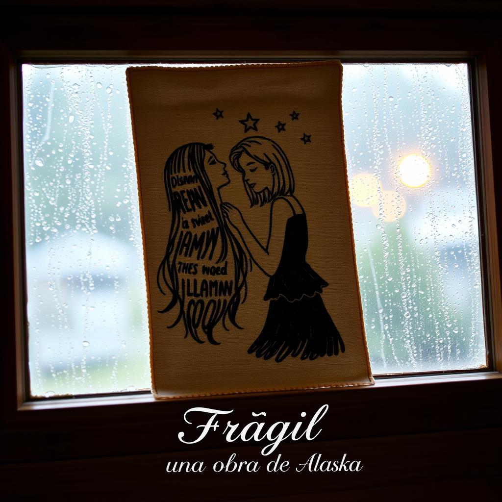 An embroidered picture resting on a wooden window frame, showcasing a rainy scene outside