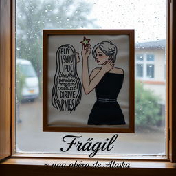An embroidered picture resting on a wooden window frame, showcasing a rainy scene outside