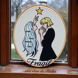 An embroidered picture resting on a wooden window frame, showcasing a rainy scene outside