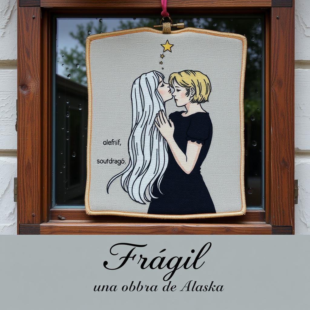 An embroidered picture resting on a wooden window frame, showcasing a rainy scene outside