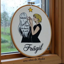 An embroidered picture resting on a wooden window frame, showcasing a rainy scene outside