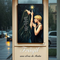 An oil painting resting on a window frame, showcasing a rainy scene outside