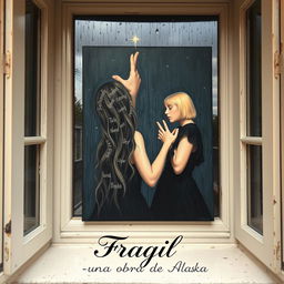 An oil painting resting on a window frame, showcasing a rainy scene outside