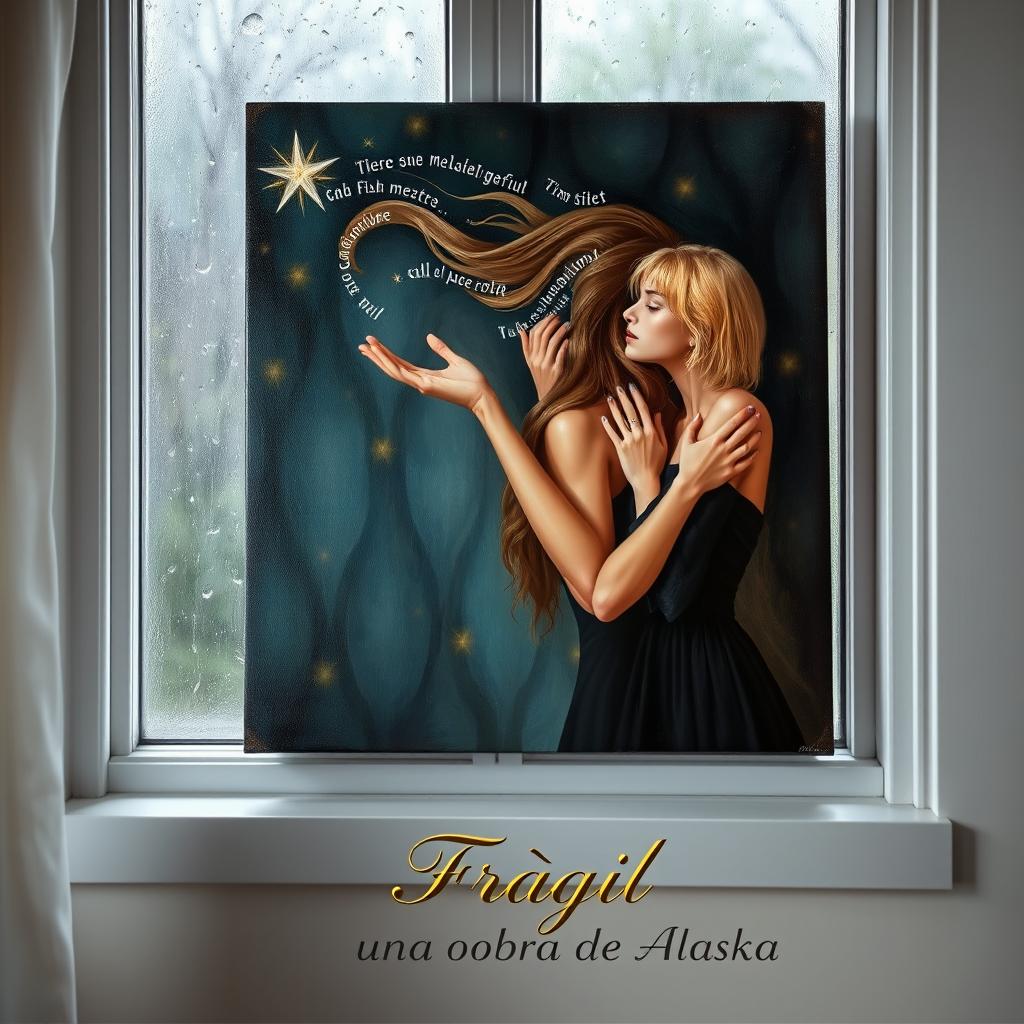 An oil painting resting on a window frame, showcasing a rainy scene outside