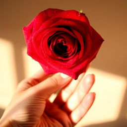 A close-up of a beautiful rose held delicately in a human hand