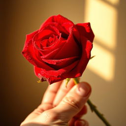 A close-up of a beautiful rose held delicately in a human hand
