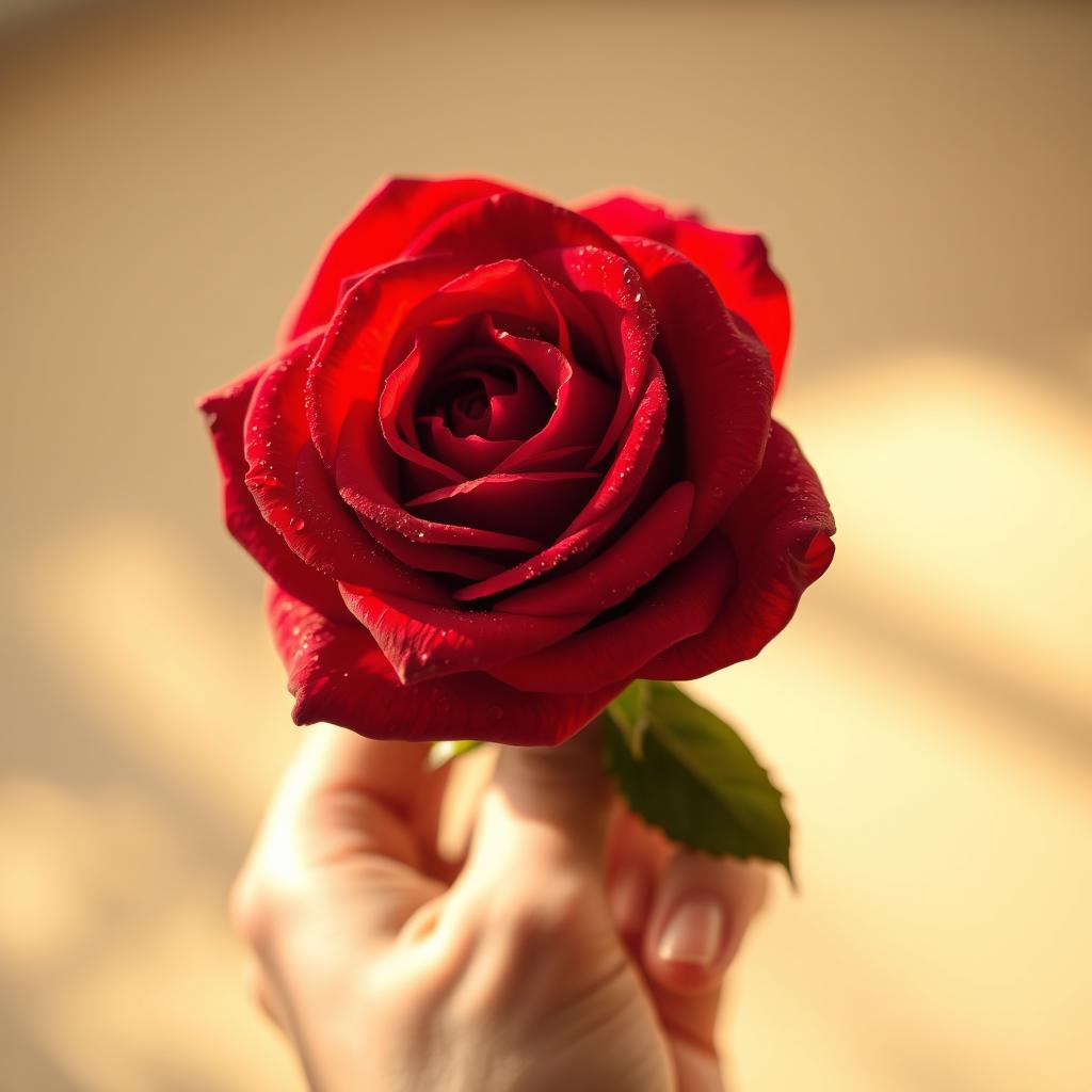 A close-up of a beautiful rose held delicately in a human hand