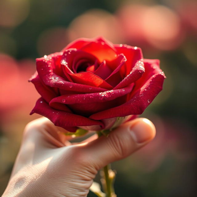 A close-up of a beautiful rose held delicately in a human hand