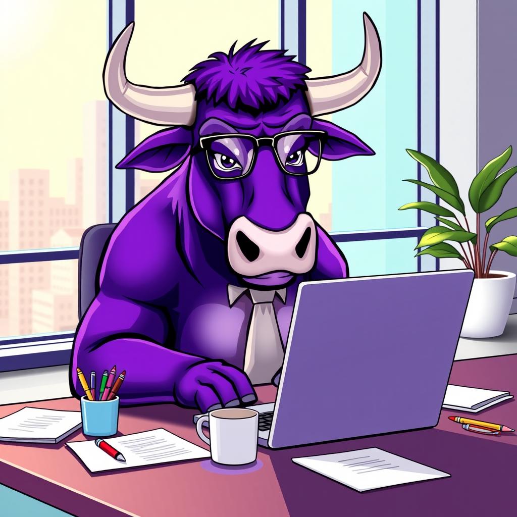 A purple bull with a determined expression, sitting in front of a laptop in a modern office setting