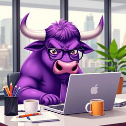 A purple bull with a determined expression, sitting in front of a laptop in a modern office setting
