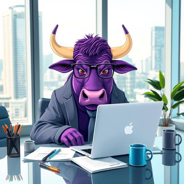 A purple bull with a determined expression, sitting in front of a laptop in a modern office setting